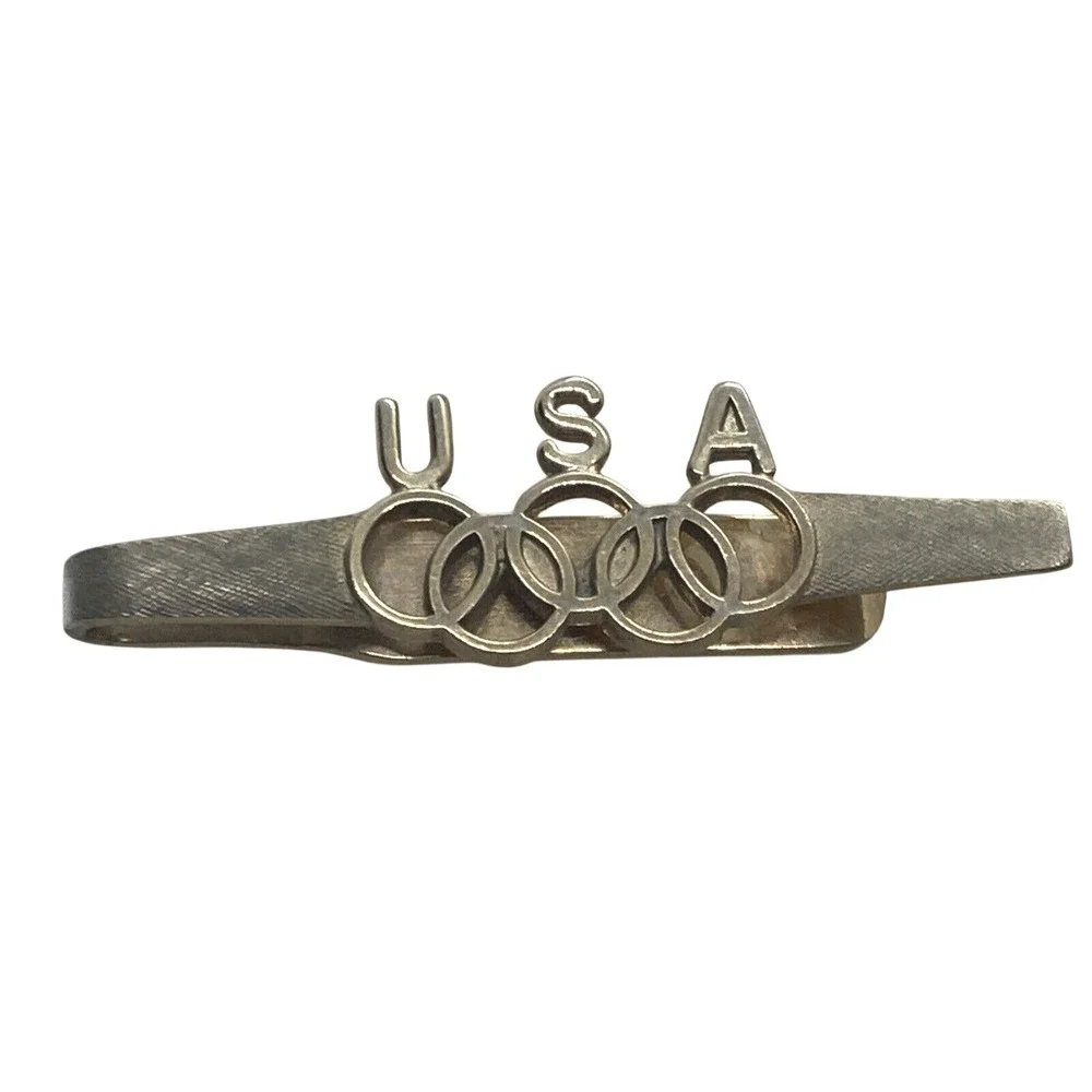 Vintage Dante USA Olympics Tie Bar Gold Tone Metal Retro Minimalist Mens
